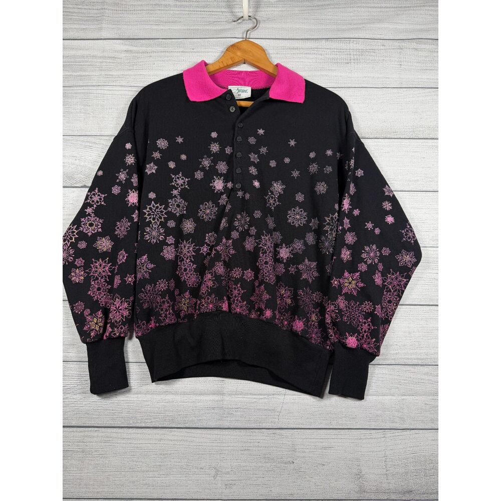 Vintage Artisans Womens M Black Pink Snowflake Collared Sweatshirt USA 4113